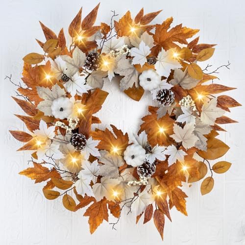 Fall Wreaths for Front Door Outside Autumn Wreath with Lights Berries Pine Cones Fall Decorations for Home Decor Pumpkin Wreath for Farmhouse Holiday Thanksgiving Harvest Halloween Outdoor by Zmtyykh
