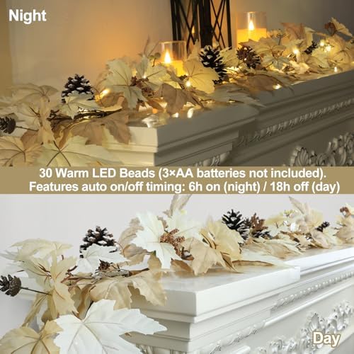 6 FT Realistic Fall Garland with Lights Timer Function Fall Leaves Maple Garland with Berries Pine Cones Autumn Automatic Fall Decorations for Home Mantle Fireplace Porch Table Decor - Image 5
