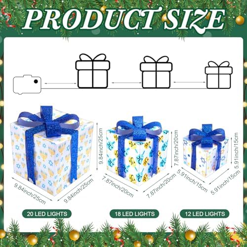 Aurelema Set of 3 Hanukkah Lighted Gift Boxes Remote LED Chanukah Decor - Image 2