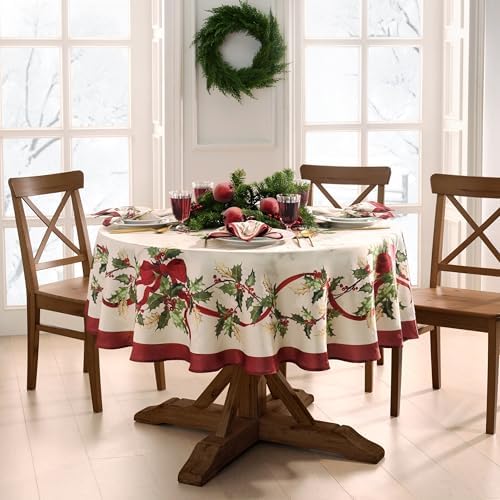 Elrene Home Fashions Villeroy & Boch Winter Bows & Garland Christmas/Holiday Tablecloth, 70"x70" Round - Image 2