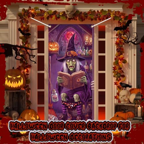 Preboun 6 Pcs Halloween Door Cover, Spooky Witch Skeleton Hanging Banner, Bloody Handprint Entrance Backdrop, Horror Party Decorations for Home Wall Indoor Outdoor, 35 x 78 Inch - Image 6