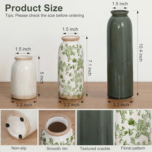 Vintage Ceramic Vase Set of 3, Flower Small Chinoiserie Vase Rustic Modern Farmhouse Centerpiece Decorative Pottery Vases for Table Mantel Entryway Bookshelf Living Room Kitchen Home Decor - Image 2
