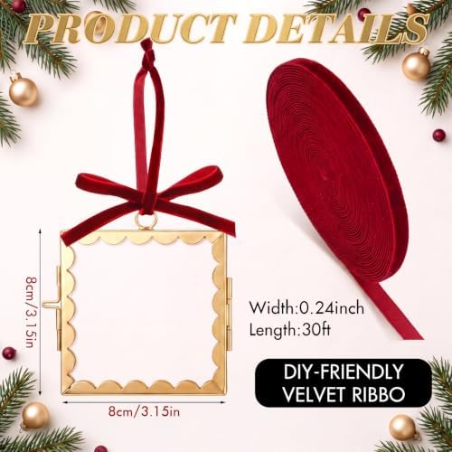 Qunclay 6 Pcs 3.2 x 3.2 Christmas Brass Picture Frame Ornaments Xmas Metal Double Glass Hanging Photo Frame with Burgundy Velvet Ribbon for Christmas Tree Decorations(Gold Burgundy, Scalloped Square) - Image 2
