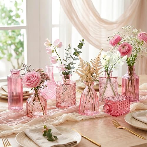 Colored Glass Vases Bulk 32 Pcs - Assorted Vintage Bud Vases for Wedding Centerpieces, Rustic Embossed Glass Bottles for Table Decor, Home Floral Arrangements with Pink Series (2-6 Inch) - Image 2