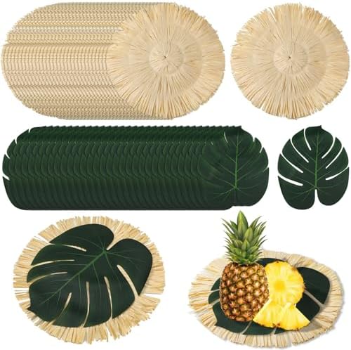 72pcs Luau Placemats and Palm Placemat, Round Luau Fringe Place Mats Tropical Palm Leaf Place Mats Bulk Summer Hawaiian Plate Chargers Table Placemats Tropical Party Supplies by Sunnychicc