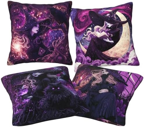 Witch Throw Pillow Covers 18 X 18 Inch Set of 4 Decorative Cushion Cover Home Decor for Sofa Chair Couch Bedroom Living Room - Image 2