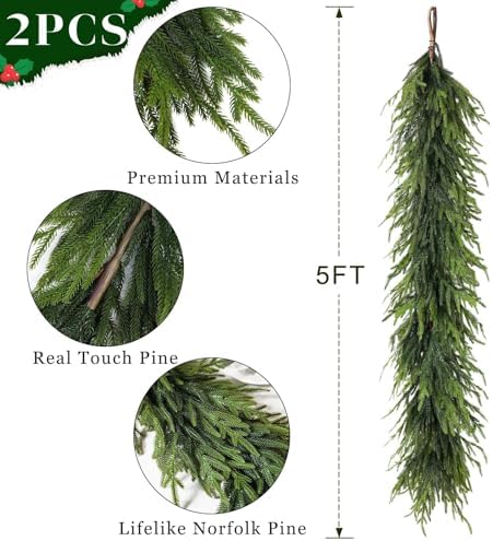 Artificial Christmas Norfolk Pine Garland for Mantle Decor (5 FT,2 PCS) - Image 5