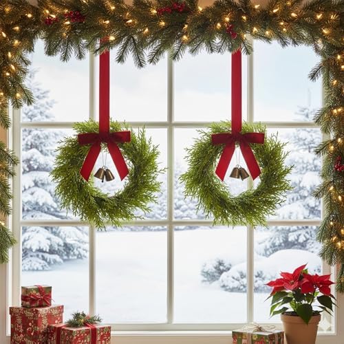 6Pcs Mini Christmas Cedar Wreath, 12 Inch Small Wreaths for Kitchen Cabinets, with Deep Red Bow Vintage Bells Pine and Cypress Leaves for Fireplace Window Farmhouse Indoor Home Decorations - Image 4