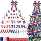 43 Pcs 4th of July Patriotic Tree Decorations Independence Day Christmas Tree Ornaments Ribbon Bow Topper Red White and Blue Hanging Ornaments for National Memorial Day Party by JaaMiin