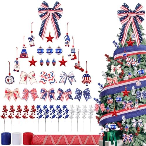 43 Pcs 4th of July Patriotic Tree Decorations Independence Day Christmas Tree Ornaments Ribbon Bow Topper Red White and Blue Hanging Ornaments for National Memorial Day Party by JaaMiin