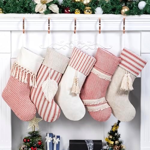 GEX Christmas Stockings 5 Pack for Family 20" Large Rustic Farmhouse Country Red Xmas Stockings with Tassels Hanging Ornament Decorations for Fireplace Xmas Season (Red, Set of 5) by GEXWorldwide