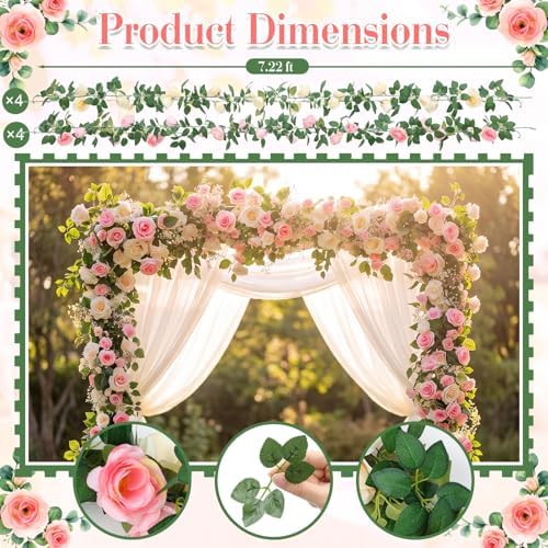 Suncalla 8 Pack 6.56Ft Artificial Rose Flower Garland Silk Flocked Pink and White Rose Garland Faux Eucalyptus Flower Vine for Wedding Party Table Centerpiece Arch Background Decoration(Eucalyptus) - Image 2