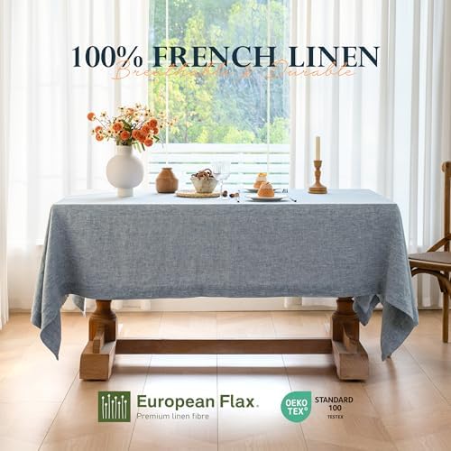 Linen World Yarn-Dyed Linen Tablecloth 90x132inch, Denim Look Table Cover, 100% French Linen Chambray Blue, Soft & Breathable Natural Flax, Washed Table Cloth for Dining & Everyday Use - Image 3