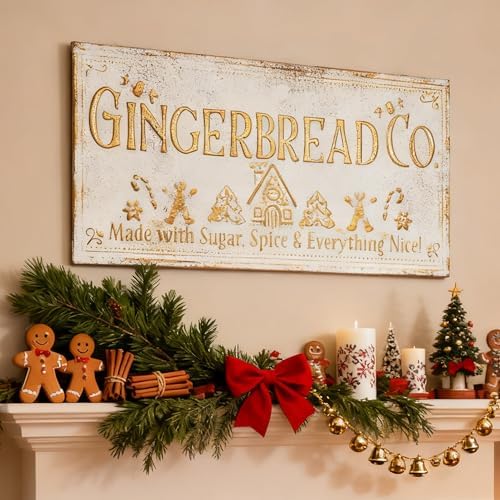 30" Vintage Metal Christmas Wall Sign - Gingerbread Co. Rustic Wall Mount Holiday Decor Distressed Wall Hanging Iron Painting Plaque Christmas Wall Art for Home Mantel Porch Bakery - Image 2