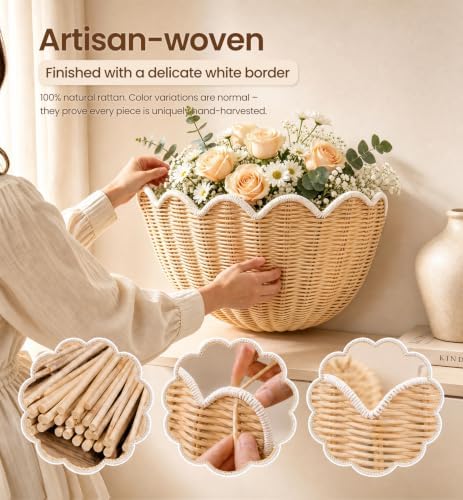 Scalloped Wall Basket 2 Pcs Hand Woven Wicker Hanging Basket Rattan Wall Decor for Nursery, Bathroom, Living Room - Image 4