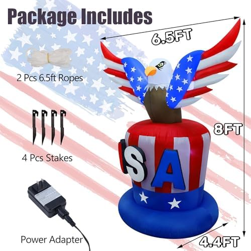 Juegoal Patriotic Independence Day Inflatable, 8FT Height USA Bald Eagle on Uncle Sam Hat, Blow Up 4th of July Large Outdoor American Celebration Decor with Light for Veterans Day Lawn Yard Garden - Image 2
