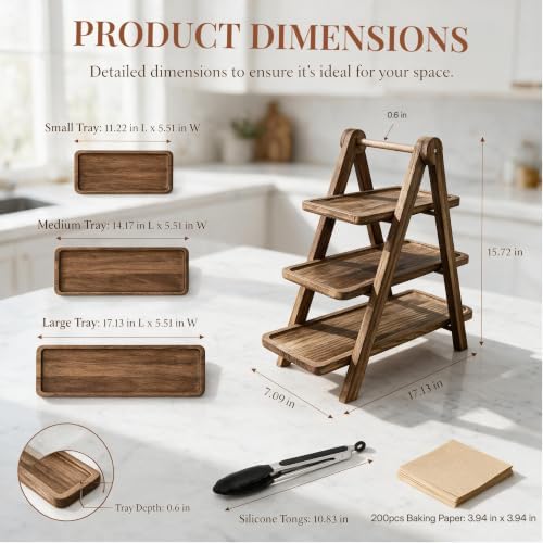 3 Tier Serving Tray Wood Tiered Cupcake Stand, Large Collapsible Food Serving Platter Party Decor Dessert Table Display Set, Decorative Trays Farmhouse Display Stands for Fruit Charcuterie - Image 4