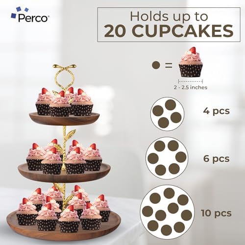 Perco 3 Tier Wooden Cupcake Stand, Walnut Wood Tiered Display Stand for 20 Cupcakes – Rustic Dessert Table Display Set, Tiered Serving Tray for Weddings, Birthdays, Baby Showers & Events - Image 4
