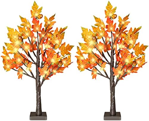 24 Inch Fall Lighted Maple Tree, 2FT Fall Tree with 36 LEDs, 6 Acorns, Timer Battery Operated, Thanksgiving Decorations Table Lights Tree for Autumn Wedding Party Gift Harvest Home by TiYiViRi