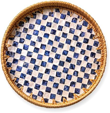JUNGLE CULTURE Round Rattan Tray with Mother of Pearl Inlay • Drift 14" by JungleCulture