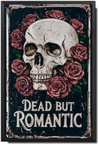 Vintage Metal Tin Sign Halloween Skull Roses Gothic Romance Wall Art for Bedroom Bar 8×12 Inches with Metal Frame by Unknown