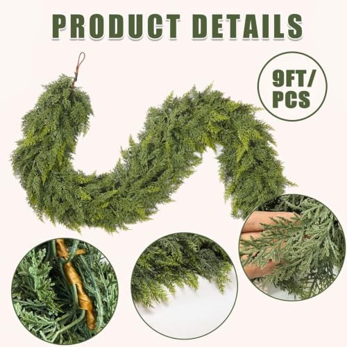 2 Pcs 9 Feet Christmas Cedar Garland - Thick & Lush Realistic Artificial Green Faux Cedar Pine Needles Garland for Christmas Winter Home Mantel Fireplace Holiday Party Decor - Image 3