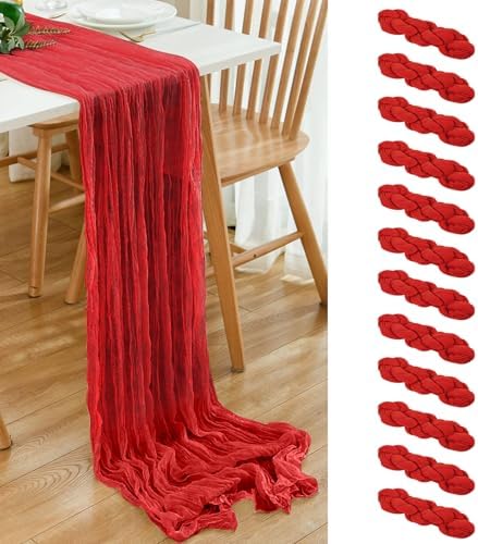 12 Pack Red 10 Ft Cheesecloth Table Runner 20x120 Inch Boho Wrinkled Sheer Romantic Gauze Decor for Wedding, Bridal Shower, Birthday Party by Dspoot