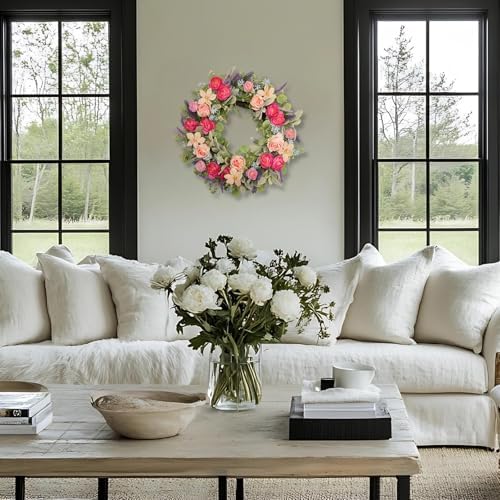 24 Inch Spring Wreath for Front Door, Magenta Pink Rose Floral Wreath with Lavender, Eucalyptus, Lamb's Ear and Blue Wildflowers, Silk Summer Wreath for Home Porch Wall Window Seasonal Decor - Image 6
