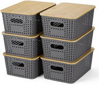 Ohmlove 6 Pack Plastic Storage Baskets with Bamboo Lids for Organization by OHMLOVE
