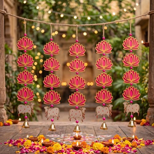 6 Pcs Indian Decorations for Home, Lotus Hanging Garlands for Pooja by Ferrochef