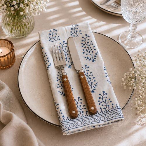 Floral Cloth Napkins Set of 12, Block Print Inspired 100% Cotton Dinner Napkins for Thanksgiving, Christmas & Fall, Reusable Wedding Linens, 18 x 18 Inch, Blue and White Botanical - Image 6