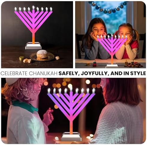 Super Lux 12" Electric LED Menorah – Flowing & Static Color Light Modes, Dynamic Branch Effects, Plug-in Hanukkah Menorah for Window or Tabletop Display - Image 6