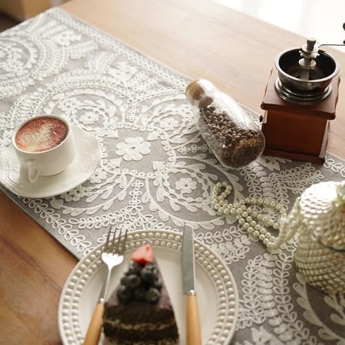 Table Runner Embroidered Boho Lace Dresser Scarf, Gray 14"x75" - Image 4