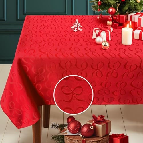 Table Cloth for Celebration Rectangle Table, 60"x120" (10-12 Seat) - Cotton-Polyester | Wrinkle Free | Washable | Reusable, Red Holiday Tablecloth for Wedding, Dining & Party, Bow Ties Jacquard (1PC) by VOOVAMOVAS