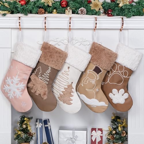 GEX Christmas Stockings 5 Pack for Family Soft Pleather with Rope Stitch Embroidery Large 20" Faux Fur Boho Rustic Farmhouse Country Stockings for Xmas Fireplace Decoration (Set of 5) by GEXWorldwide