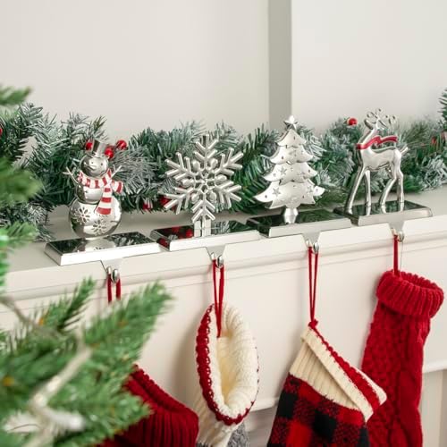 GUOER 4 Pack Snowflake Christmas Stocking Holder Set for Mantle Christmas Decorations Holiday Mantle Fireplace Topper - Snowflake Snowman Reindeer and Christmas Tree Hangers Decorative Metal Hanger - Image 6