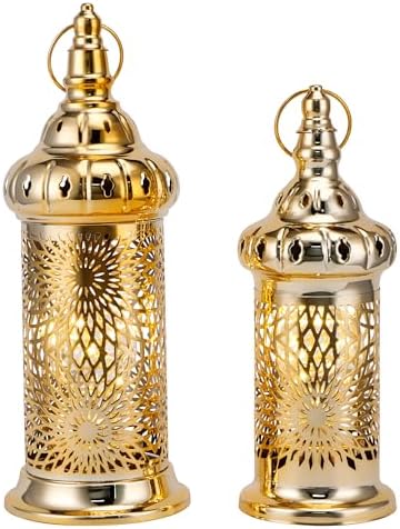 TRIROCKS Ramadan Lanterns Set of 2 10" &12.5" Gold Electric Candle Holders with Timer, Metal Decorative Vintage Lanterns for Indoor/Outdoor Decor, Perfect EID Mubarak Gift by TRIROCKS