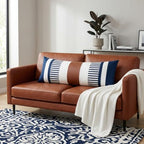 14x36 Lumbar Pillow Cover, Navy Blue Stripe and Brown Faux Leather Color Block Long Throw Pillow Case for Couch Bed Sofa, Farmhouse Modern Decorative Body Cushion Cover for Covered Porch - Image 2