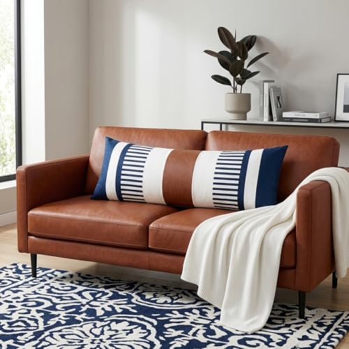 14x36 Lumbar Pillow Cover, Navy Blue Stripe and Brown Faux Leather Color Block Long Throw Pillow Case for Couch Bed Sofa, Farmhouse Modern Decorative Body Cushion Cover for Covered Porch - Image 2