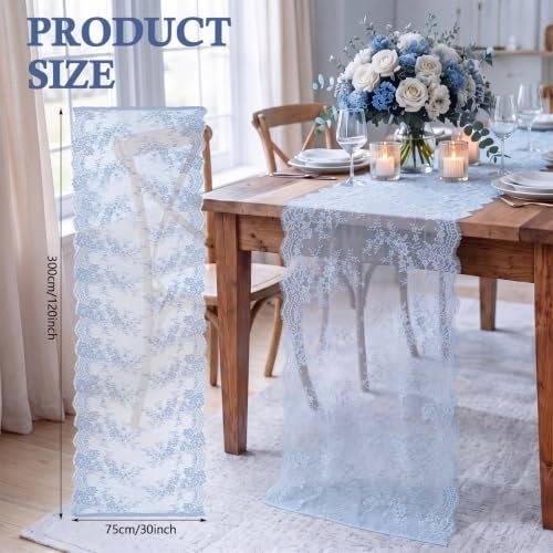 Remagr 6 Pcs Dusty Blue Lace Table Runners 30" x 120" Floral Wedding Decor - Image 2