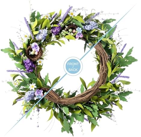 Glitzhome 24" Easter Wreath with Lavender and Bird Nest Spring Front Door Decoration Artificial Eggs Wreath for Home Party and Holiday Celebrations - Image 3