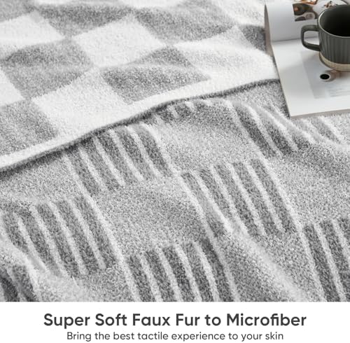 Snuggle Sac Checkered Throw Blanket for Couch,Reversible Soft Cozy Fluffy Blankets for Sofa Bedroom,Cute Lightweight Striped Throws for Women,Heather Light Grey,50x60 inches - Image 4