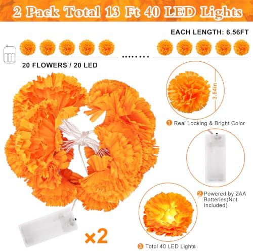 2 Pack Marigold Garland Lights, Dia De Los Muertos Decorations Altar Kit - Image 2