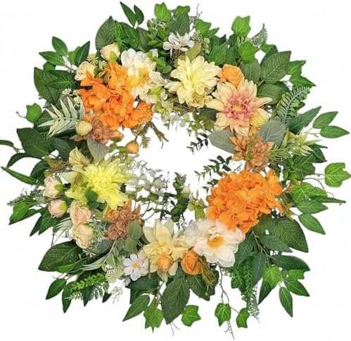 24" Large Wreath for Front Door - Artificial Orange Hydrangea Peony Yellow Dahlia Wreath - Summer Floral Farmhouse Porch Decor, Sun-Kissed Welcome Sign for Wall & Window by OCSOSO