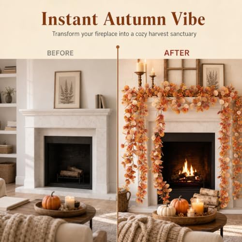 4 Pcs 6Ft Fall Eucalyptus Garland, Artificial Orange Faux Eucalyptus Plants Autumn Leaves Fake Vines for Table Home Wedding Mantle Thanksgiving Decor - Image 6