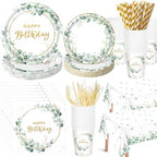 Potchen 452 Pcs Themes Party Supplies Decorations for 50 Guests, Paper Plates Napkins Cups Tablecloth Cutlery Straws for Birthday Baby Shower Party Decorations(Sage Green Gold,Birthday) by Potchen