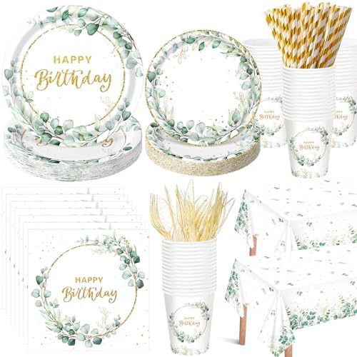 Potchen 452 Pcs Themes Party Supplies Decorations for 50 Guests, Paper Plates Napkins Cups Tablecloth Cutlery Straws for Birthday Baby Shower Party Decorations(Sage Green Gold,Birthday) by Potchen