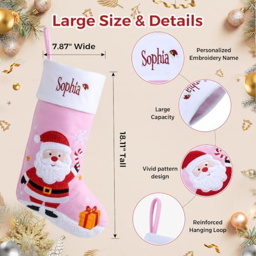Personalized Christmas Stockings with Embroidered Name & Monogram,Custom Embroidered Pink Christmas Stocking,Santa,Snowman & Reindeer Stocking for Family & Fireplace Holiday Decor(4 Pack) - Image 3