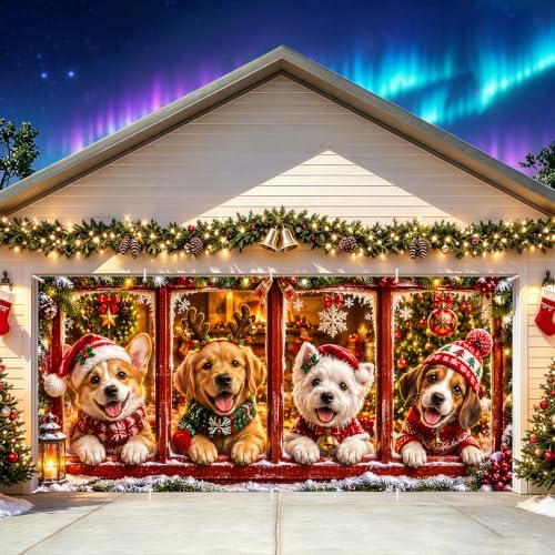 Cute Christmas Dogs Garage Door Banner Mural - Funny Puppies in Window Holiday Backdrop - Large 7x16ft Winter Holiday Outdoor Wall Decor - Durable Weatherproof Fabric Cover for Home Xmas Party by LEIWEIHOPE