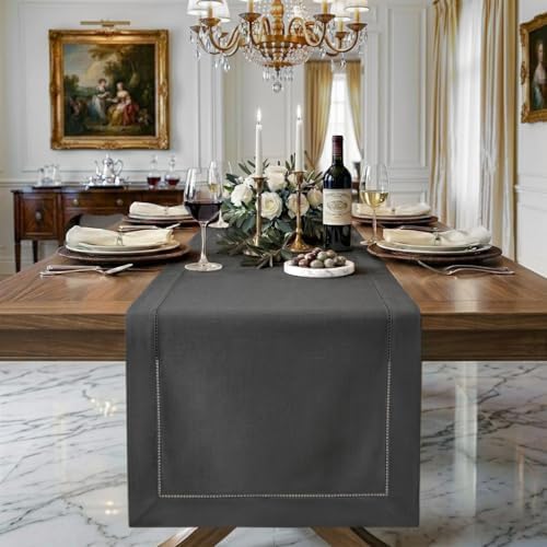 Signature Linen™ by D'Moksha, Charcoal Gray Table Runner 108 Inches Long, 100% Pure Linen, Hemstitch, 14 x 108 Inch Table Runner for Dresser, Dining- Fall, Weddings, Outdoor Hosting by DMokshaHomes